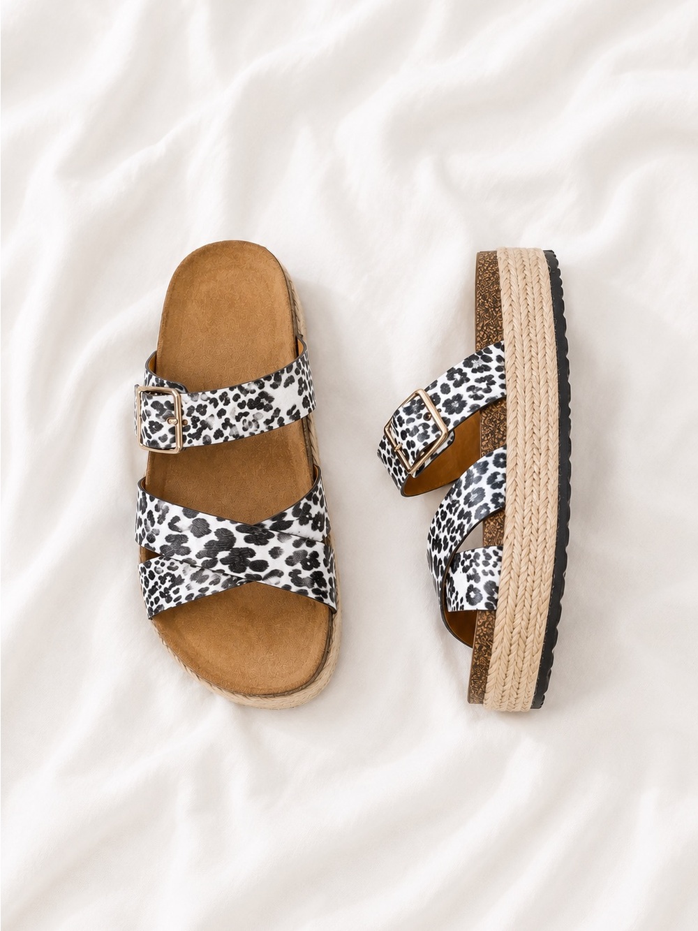 Leopard strappy cork espadrille sandals slip on animal print black white brown